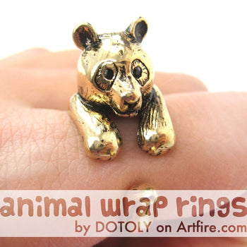 Large Panda Bear Animal Wrap Around Hug Ring in Shiny Gold - Size 4 to 9 Available | DOTOLY
