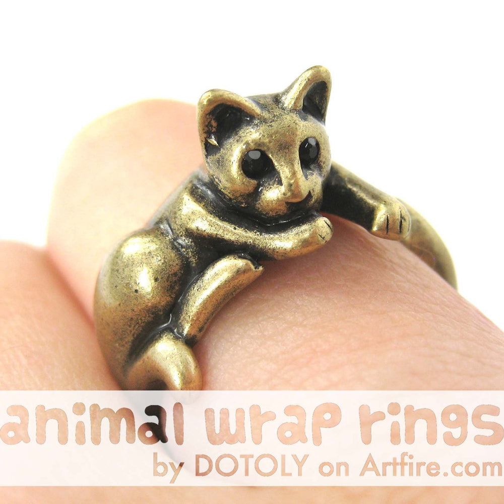 Kitty Cat Relaxing Animal Wrap Around Ring in Brass - Sizes 4 to 9 Available | DOTOLY