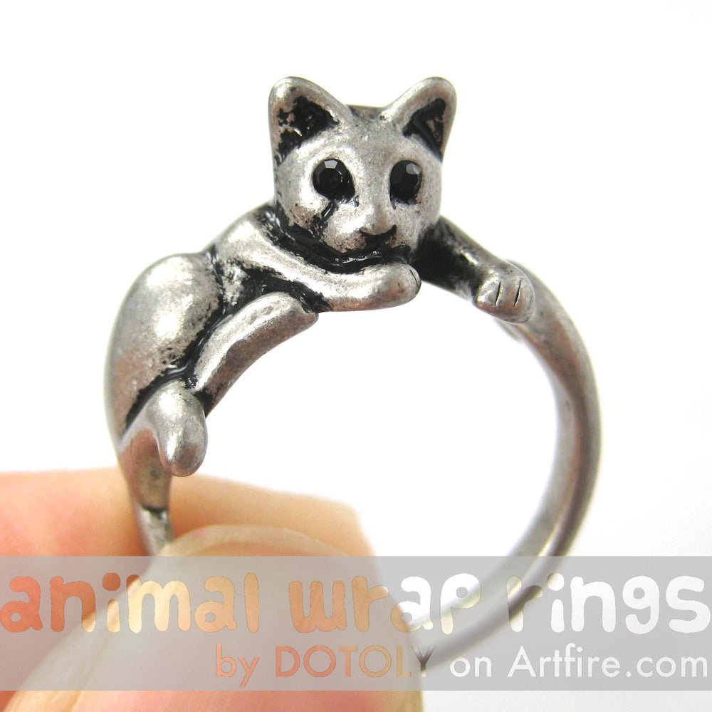 Relaxing Kitty Cat Animal Wrap Around Ring in Silver - Sizes 4 to 9 Available | DOTOLY