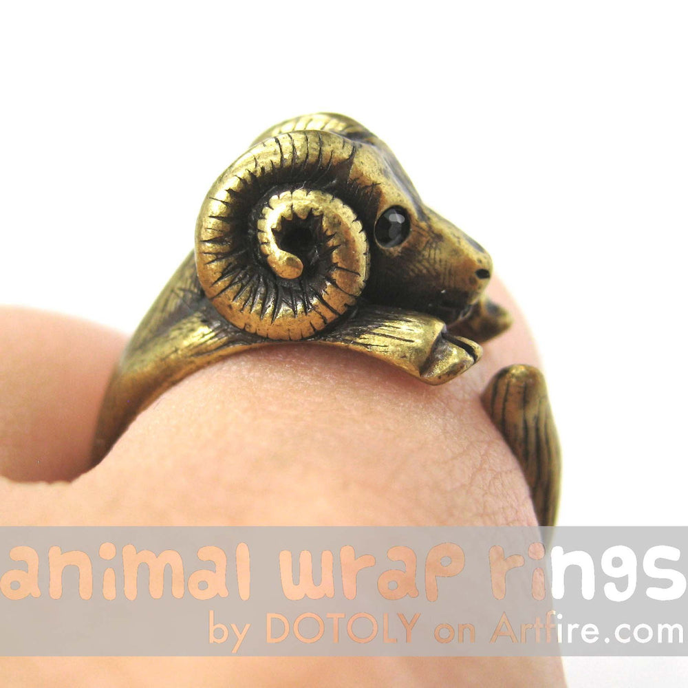 Sheep Ram Animal Wrap Around Ring in Brass - Sizes 4 to 9 Available | DOTOLY