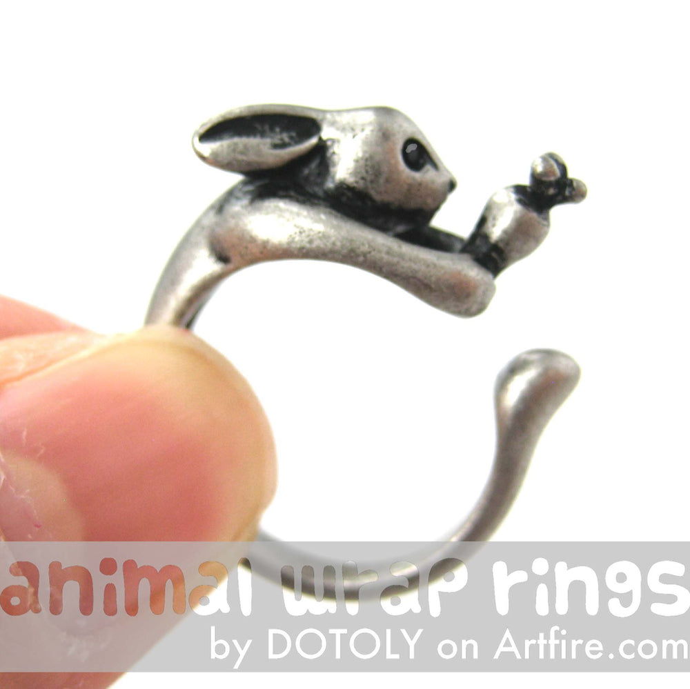 Bunny Rabbit Animal Wrap Ring with Carrot in Silver - Sizes 4 to 9 Available | DOTOLY
