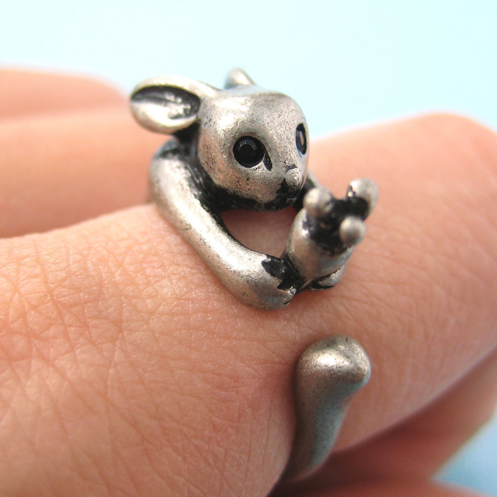 Bunny Rabbit Animal Wrap Ring with Carrot in Silver - Sizes 4 to 9 Available | DOTOLY
