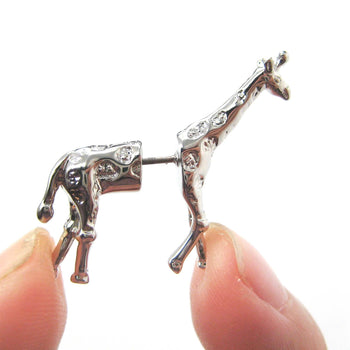 Fake Gauge Earrings: Realistic Giraffe Shaped Animal Faux Plug Stud Earrings in Shiny Silver | DOTOLY