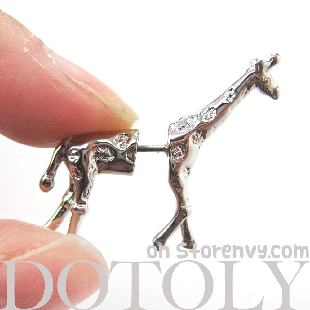 Fake Gauge Earrings: Realistic Giraffe Shaped Animal Faux Plug Stud Earrings in Shiny Silver | DOTOLY