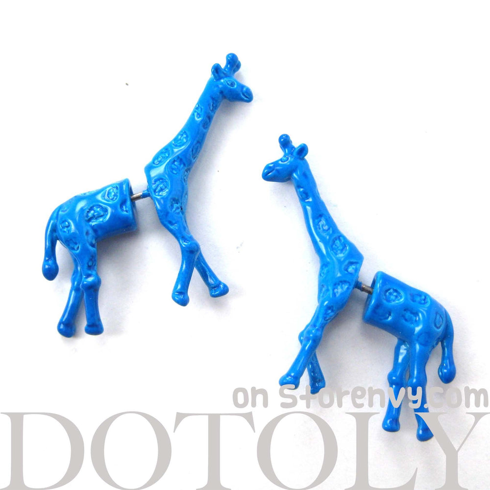 Unique Fake Gauge Earrings: Realistic Giraffe Shaped Animal Faux Plug Stud Earrings in Blue | DOTOLY