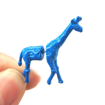 Unique Fake Gauge Earrings: Realistic Giraffe Shaped Animal Faux Plug Stud Earrings in Blue | DOTOLY