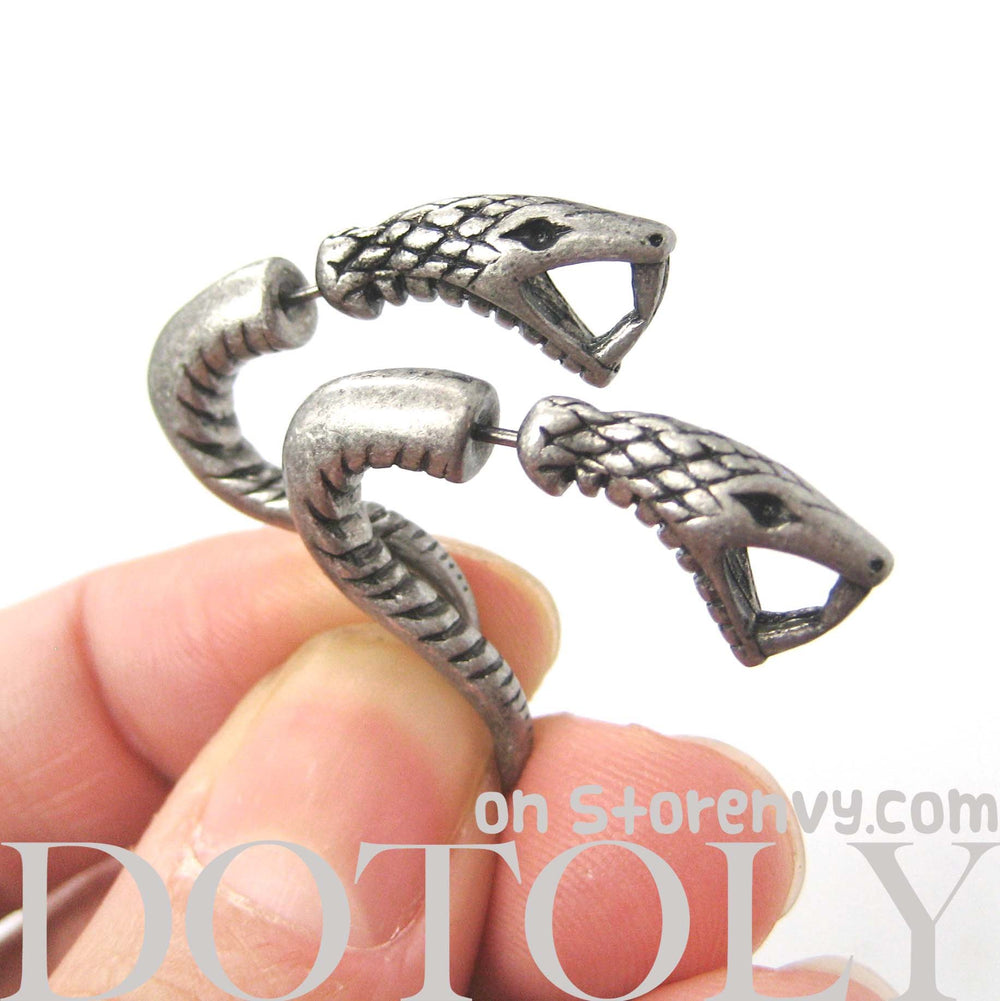 Fake Gauge Earrings: Realistic Snake Cobra Animal Shaped Stud Plug Earrings in Silver | DOTOLY