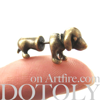 Fake Gauge Earrings: Realistic Dachshunds Puppy Dog Animal Stud Earrings in Brass | DOTOLY