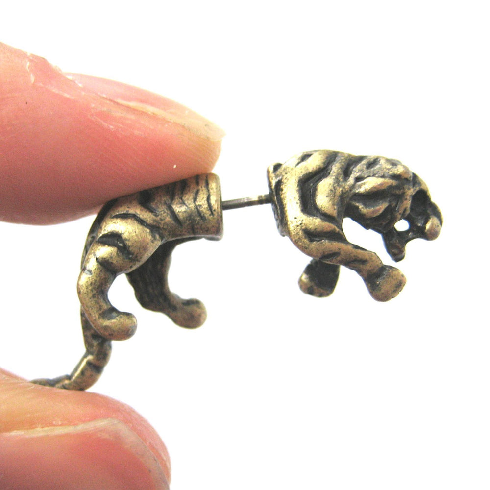 Fake Gauge Earrings: Realistic Tiger Cat Shaped Plug Earrings in Brass | DOTOLY