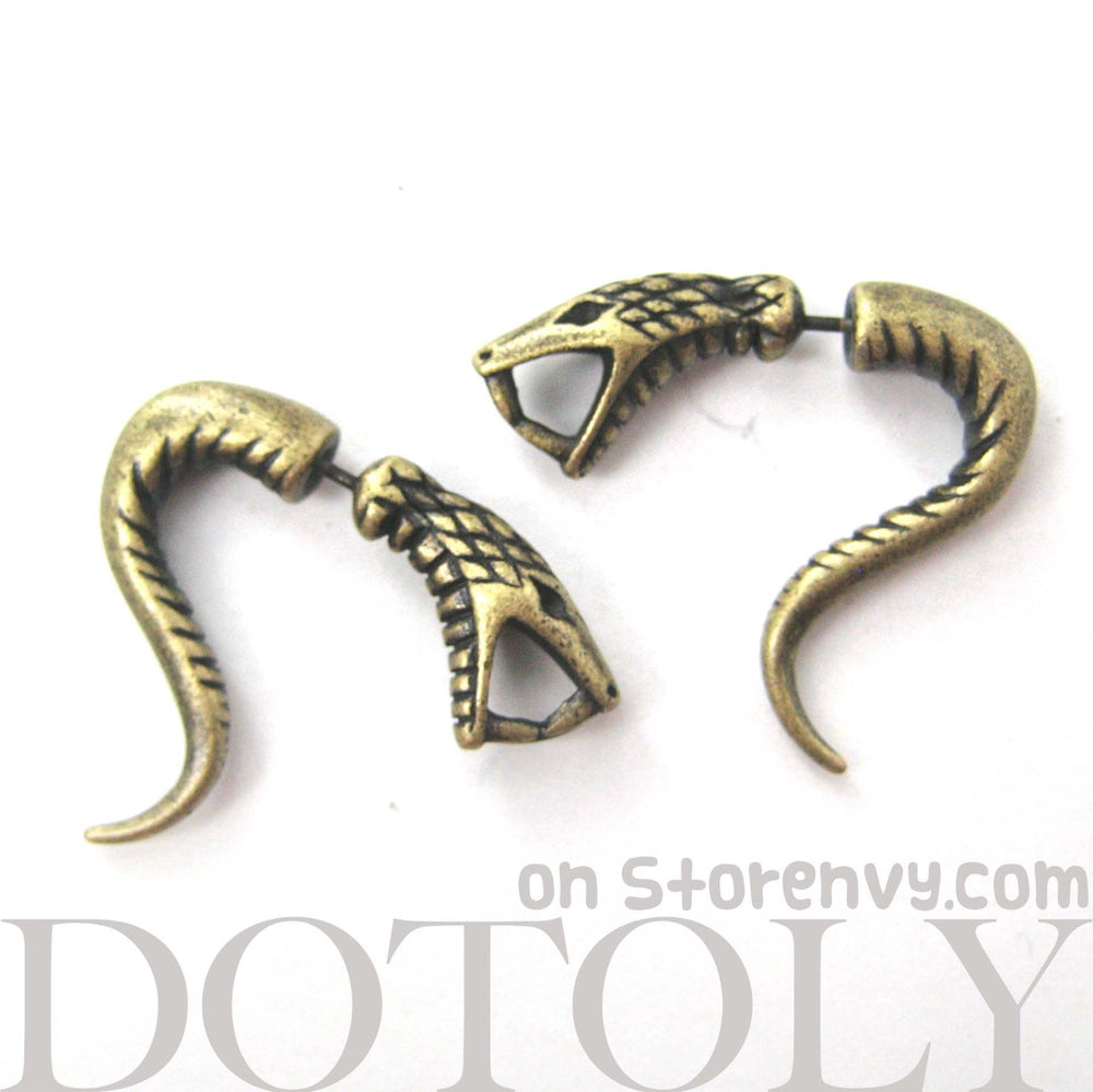 Fake Gauge Earrings: Realistic Snake Cobra Animal Shaped Plug Stud Earrings in Brass | DOTOLY