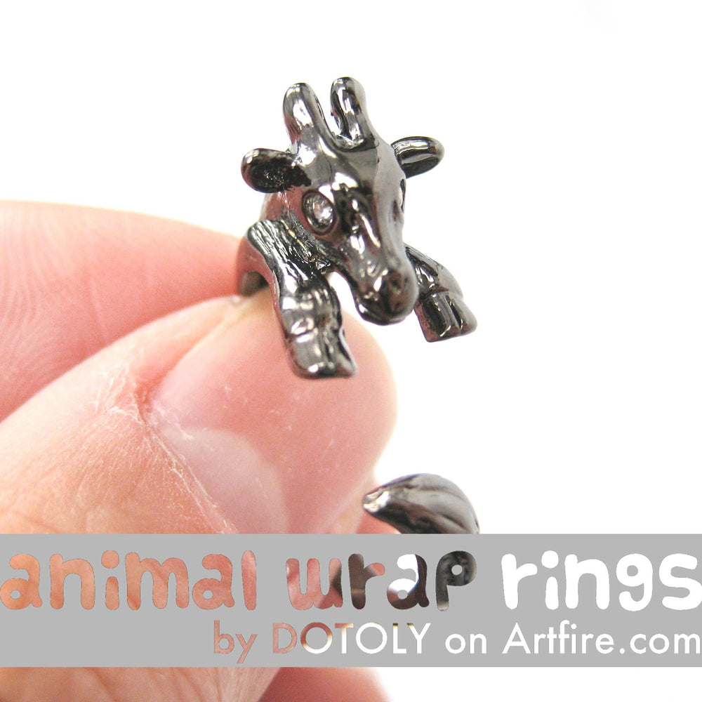 Baby Giraffe Animal Wrap Around Ring in Gunmetal Silver - Sizes 4 to 9 | DOTOLY
