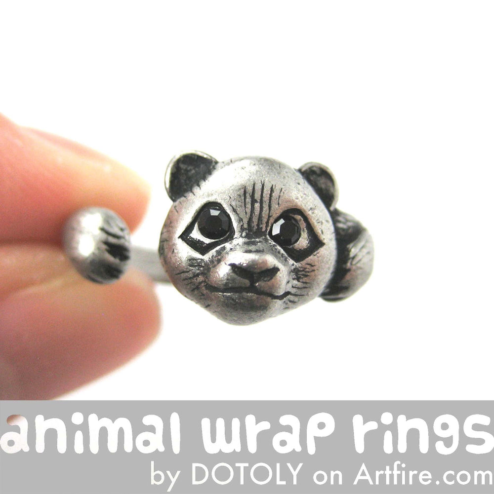 Small Panda Bear Animal Wrap Hug Ring in Silver - Size 4 to 8.5 Available | DOTOLY