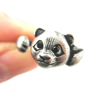 Small Panda Bear Animal Wrap Hug Ring in Silver - Size 4 to 8.5 Available | DOTOLY