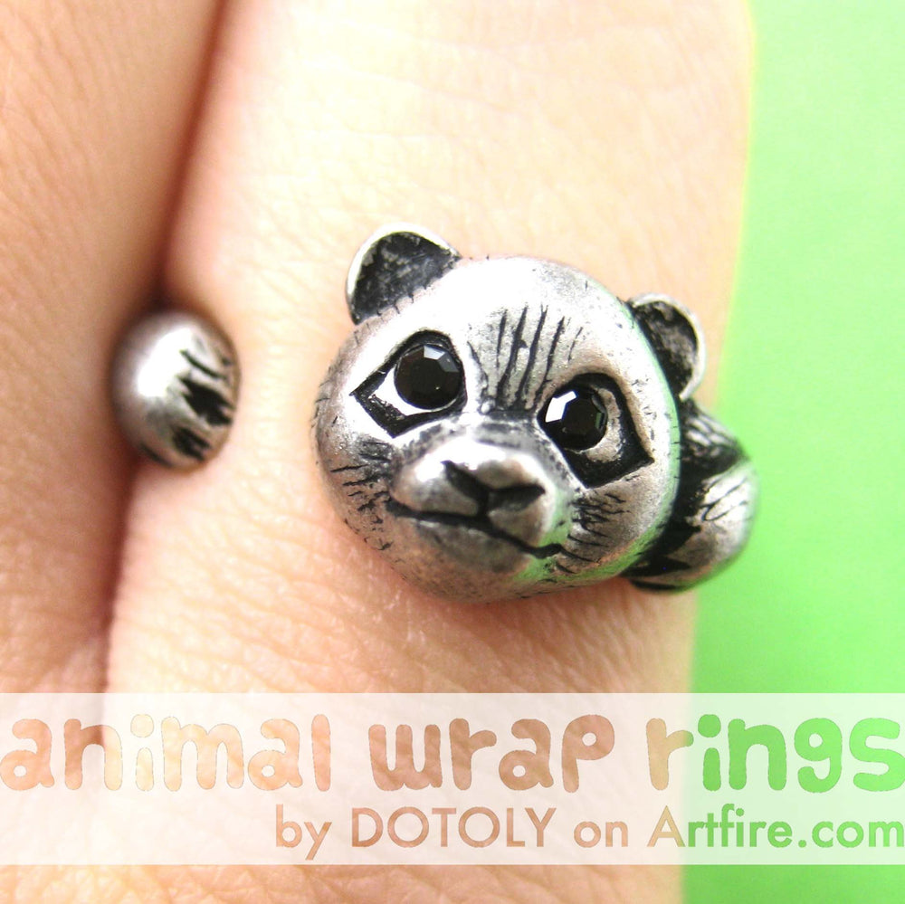 Small Panda Bear Animal Wrap Hug Ring in Silver - Size 4 to 8.5 Available | DOTOLY