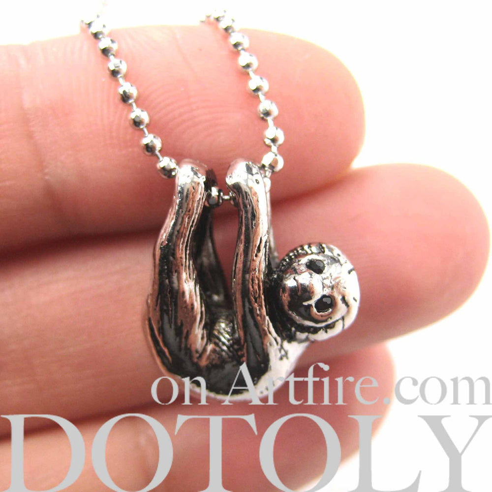 Sloth Baby Animal Pendant Necklace Realistic and Cute in Shiny Silver | DOTOLY