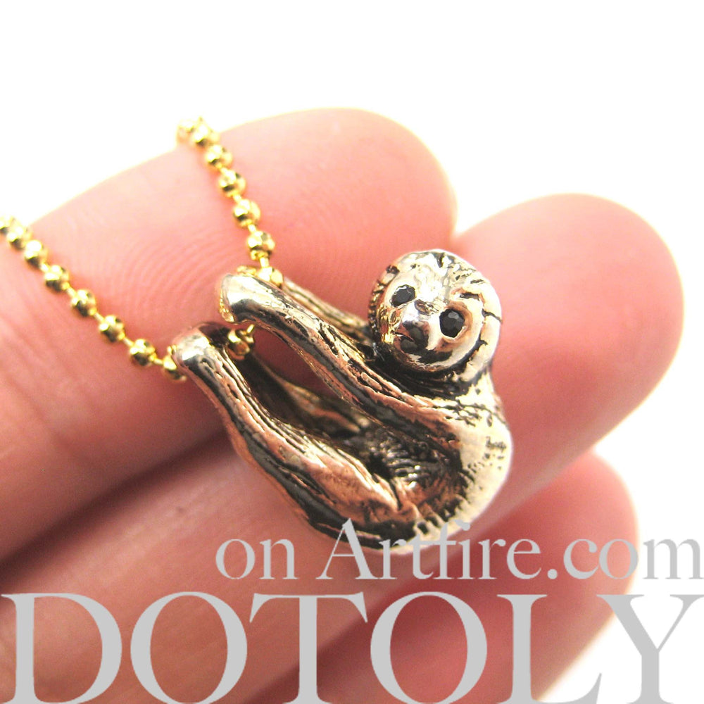 Sloth Baby Animal Pendant Necklace Realistic and Cute in Shiny Gold | DOTOLY