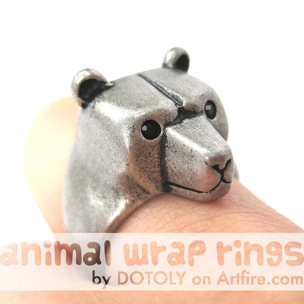 3D Adjustable Polar Bear Animal Wrap Around Hug Ring in Silver | Animal Jewelry | DOTOLY