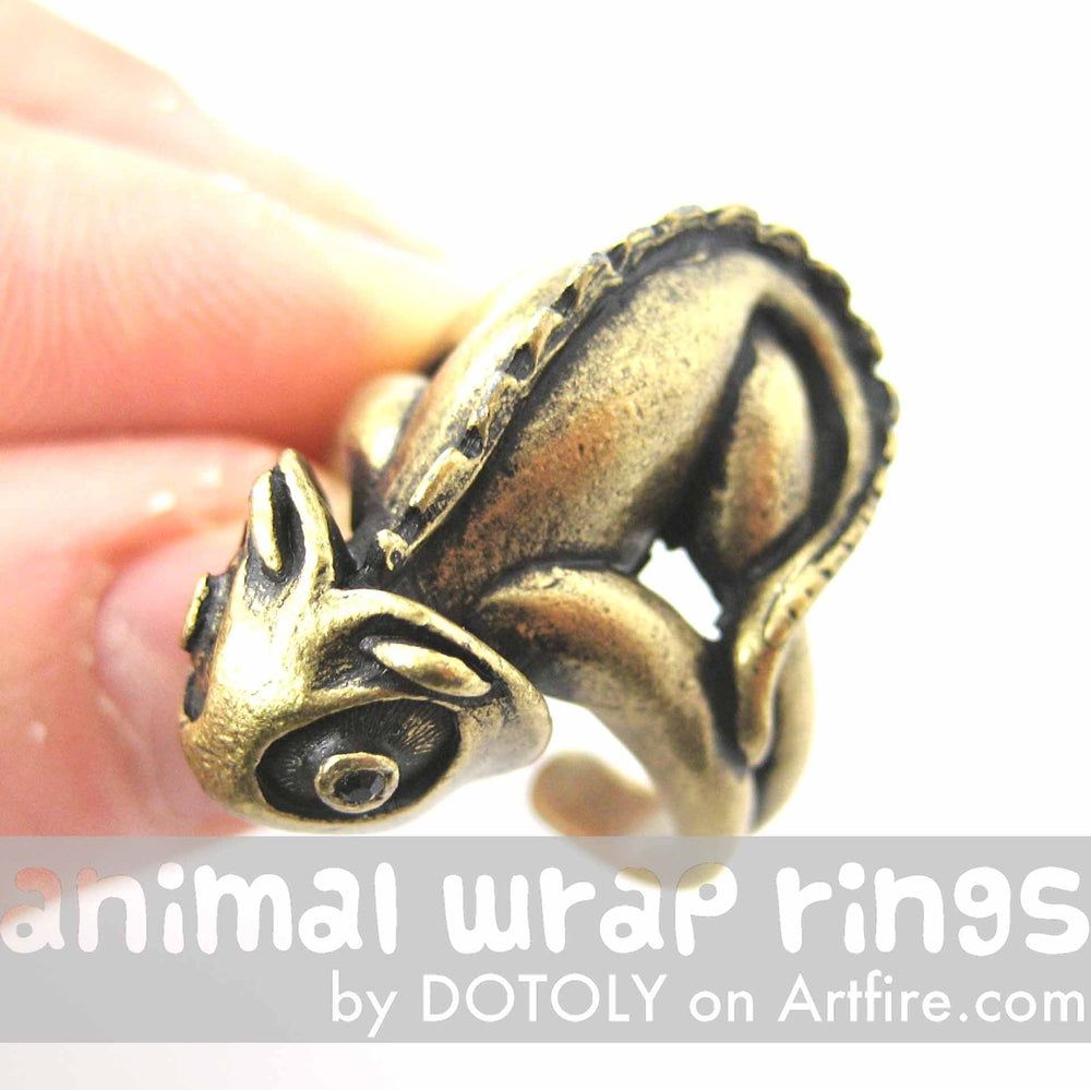 3D Adjustable Iguana Chameleon Animal Wrap Around Hug Ring in Brass | DOTOLY