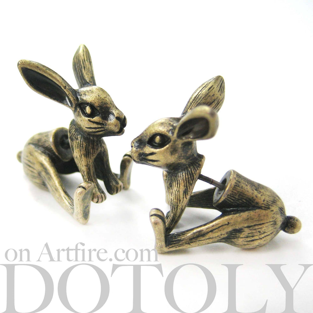 Fake Gauge Earrings: Realistic Bunny Rabbit Animal Shaped Plug Stud Earrings in Brass | DOTOLY