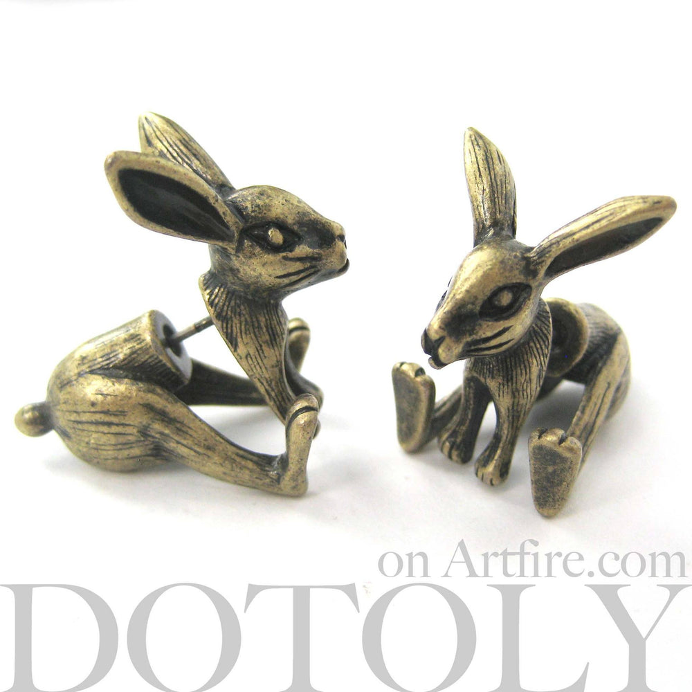 Fake Gauge Earrings: Realistic Bunny Rabbit Animal Shaped Plug Stud Earrings in Brass | DOTOLY