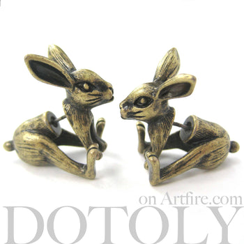 Fake Gauge Earrings: Realistic Bunny Rabbit Animal Shaped Plug Stud Earrings in Brass | DOTOLY