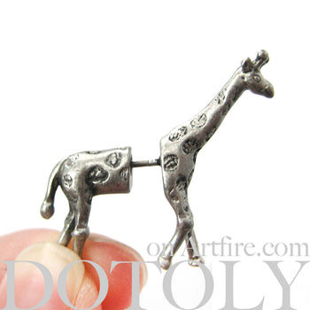 Fake Gauge Earrings: Realistic Giraffe Shaped Animal Faux Plug Stud Earrings in Silver | DOTOLY