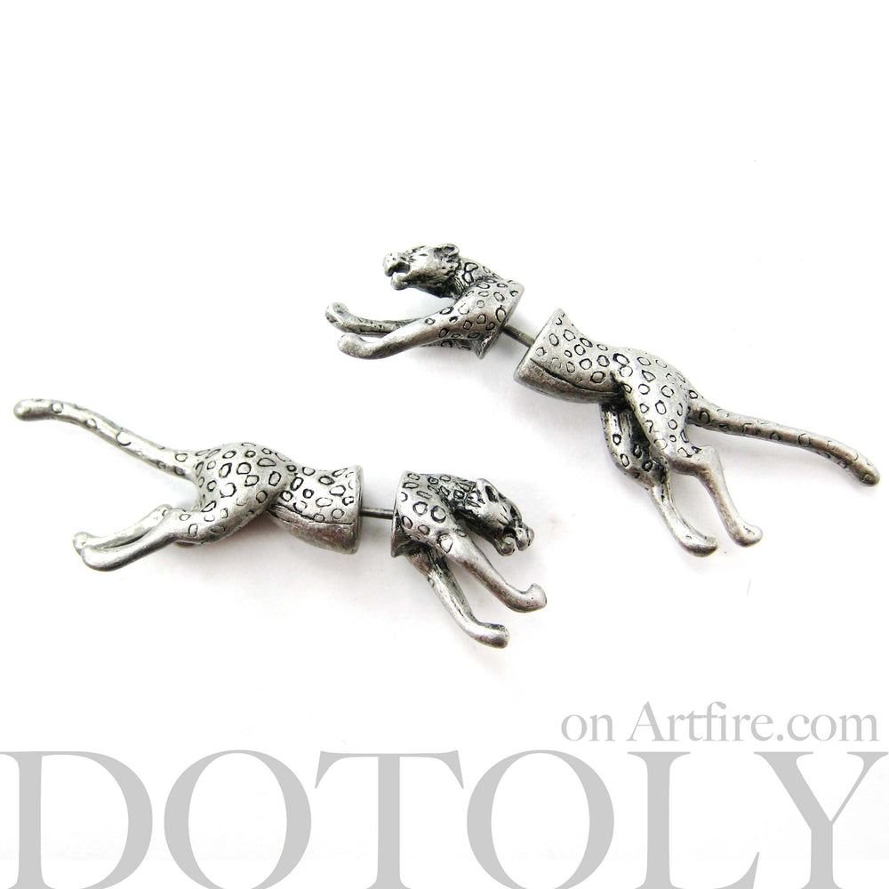 Fake Gauge Earrings: Realistic Leopard Cheetah Animal Shaped Plug Stud Earrings in Silver | DOTOLY