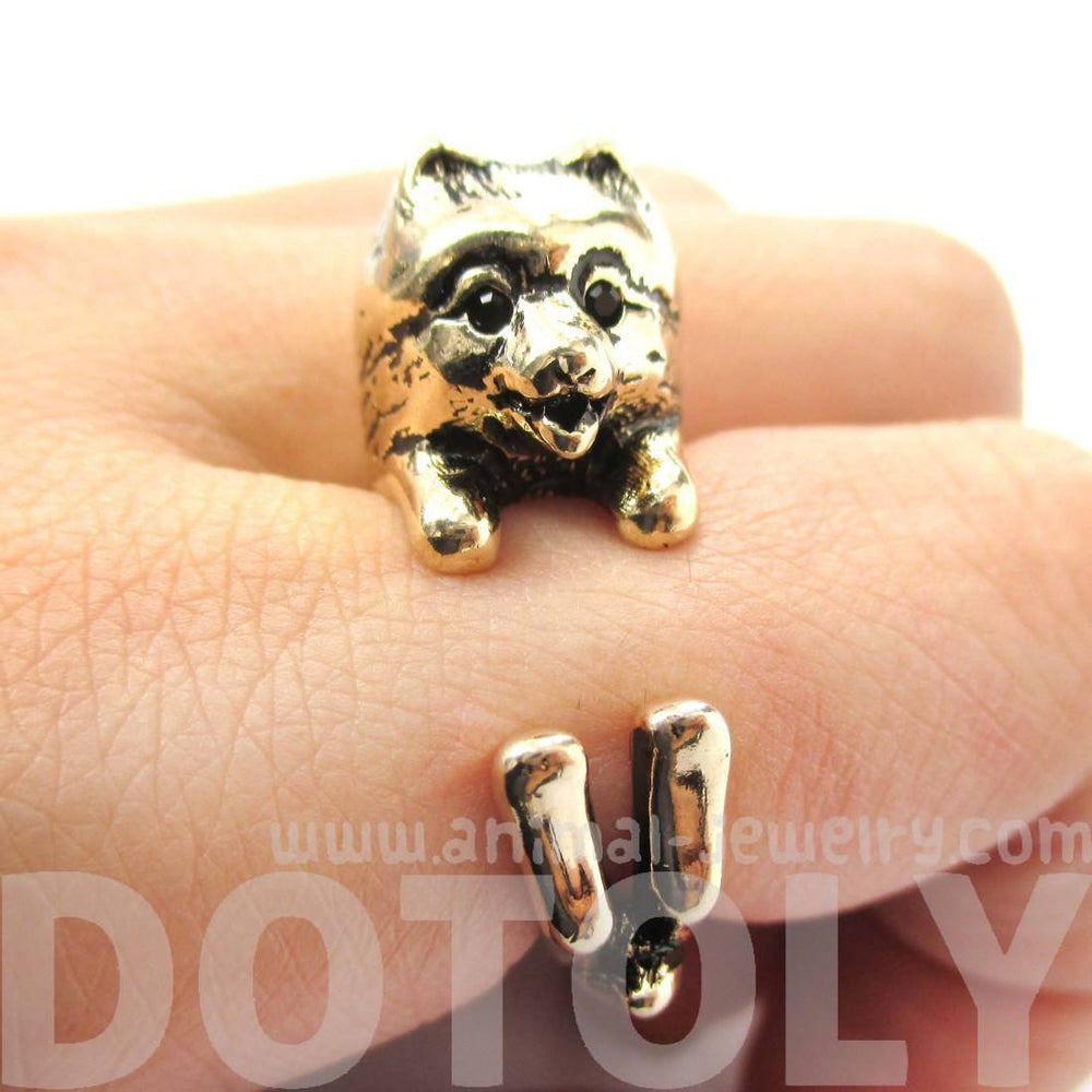 Realistic Pomeranian Pom Puppy Dog Shaped Animal Wrap Around Ring in Shiny Gold | US Sizes 4 to 8.5 | DOTOLY