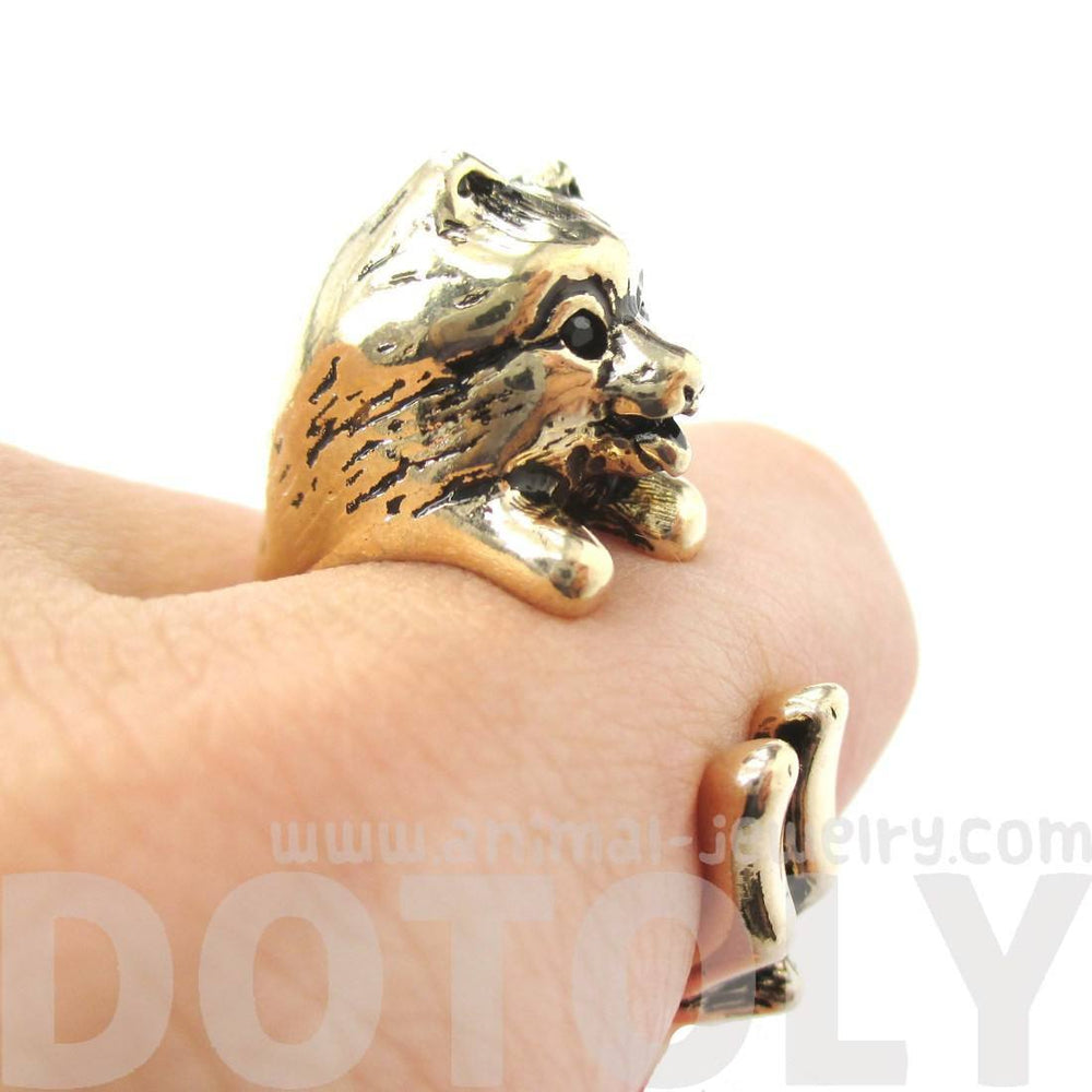 Realistic Pomeranian Pom Puppy Dog Shaped Animal Wrap Around Ring in Shiny Gold | US Sizes 4 to 8.5 | DOTOLY