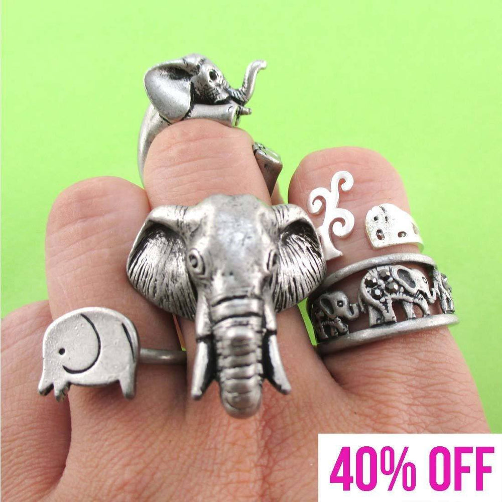 The Ultimate Elephant Enthusiast 5 Piece Animal Ring Set in Silver