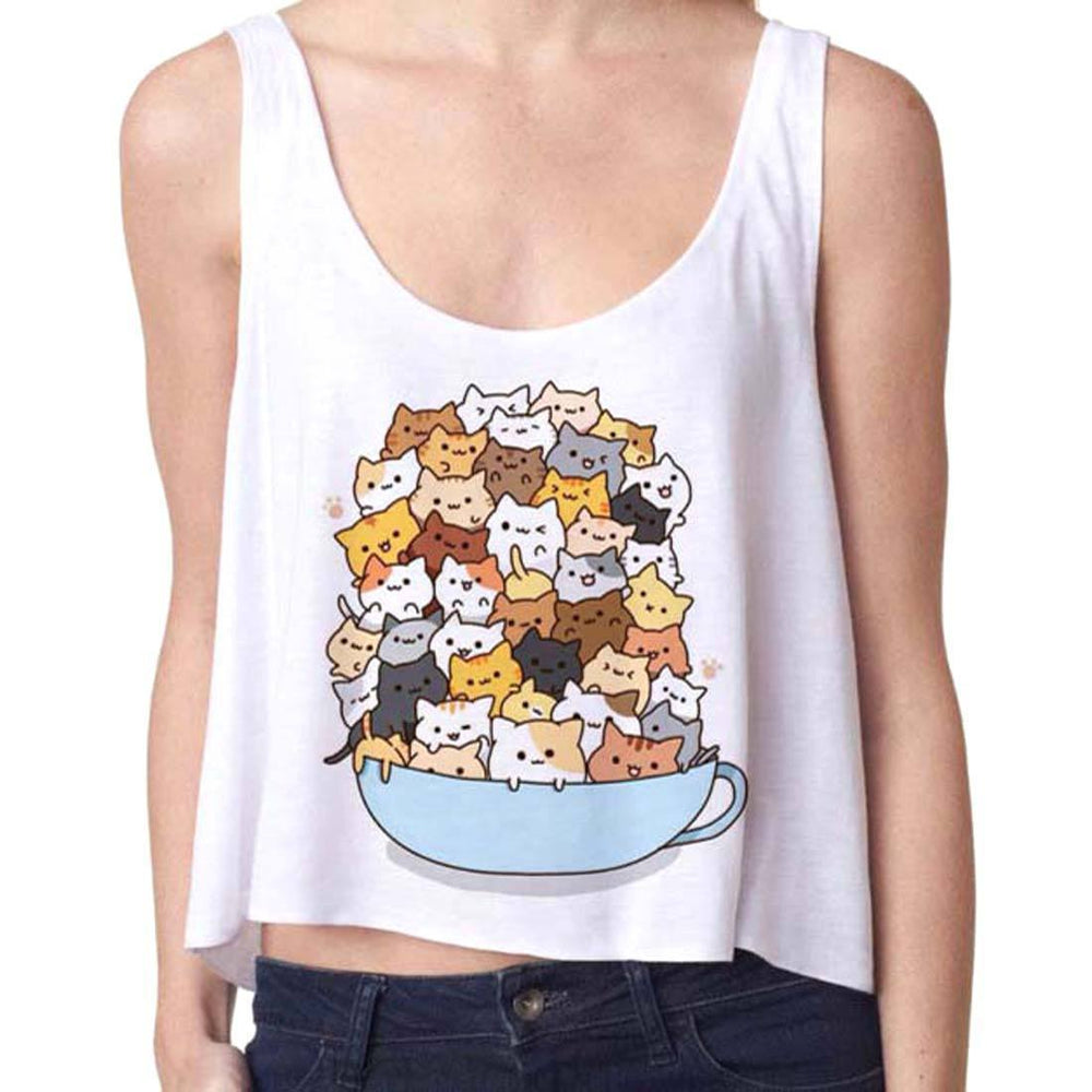 A Cup Full Of Kittens Cat Illustration Print Crop Top Tee in White | DOTOLY | DOTOLY