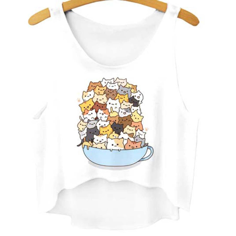 A Cup Full Of Kittens Cat Illustration Print Crop Top Tee in White | DOTOLY | DOTOLY