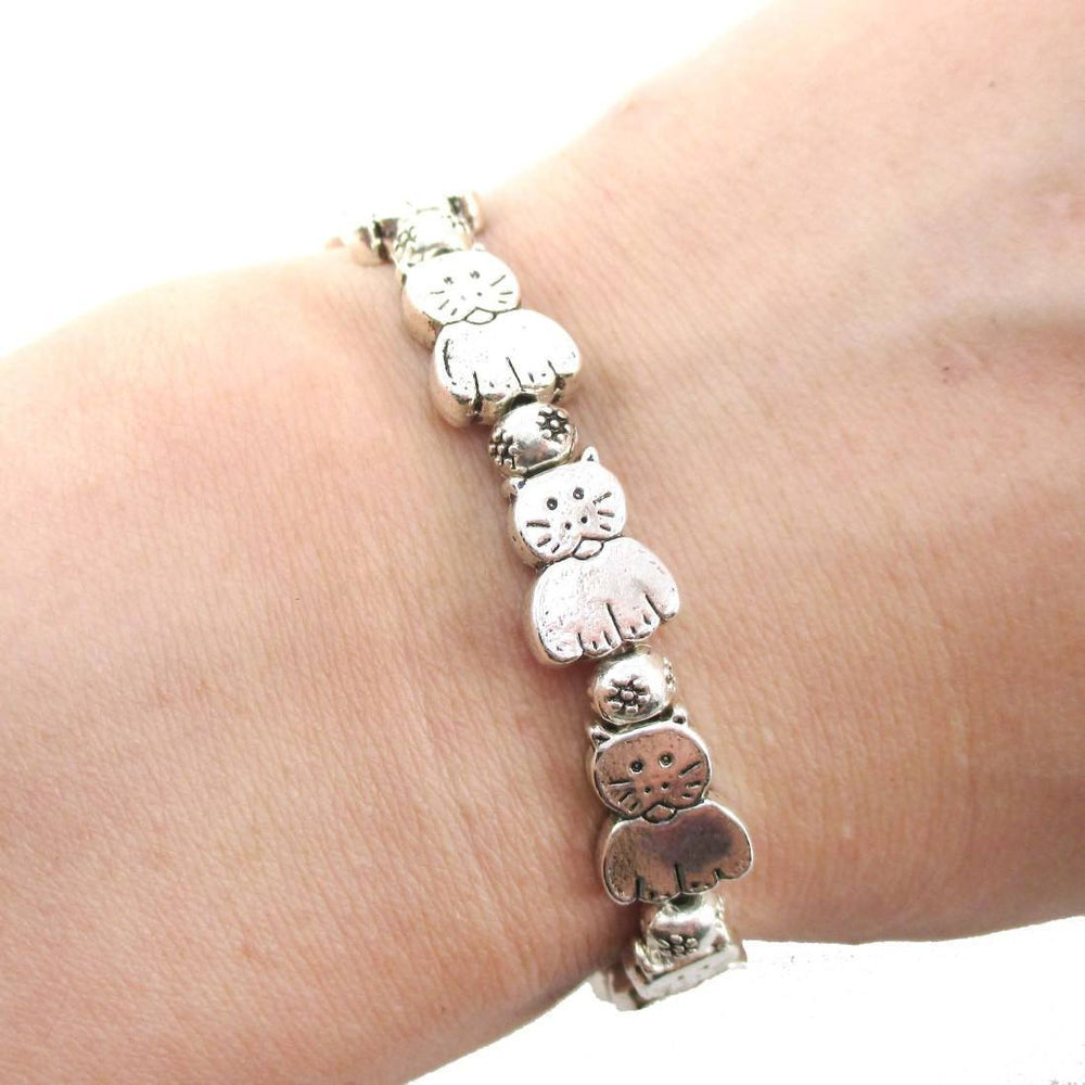 A Row Of Kitty Cats Shaped Beaded Stretchy Bracelet in Silver | DOTOLY | DOTOLY