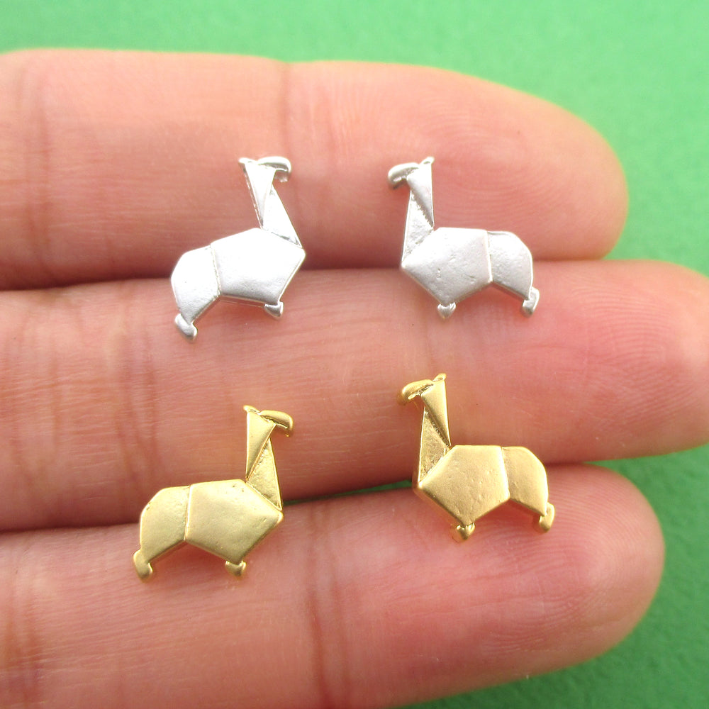 Abstract Alpaca Llama Lamb Shaped Stud Earrings in Silver or Gold