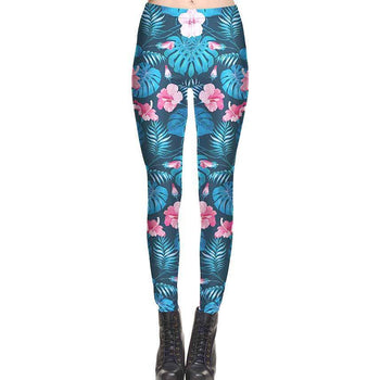 Abstract Botanical Print Leaves and Floral Legging Pants in Blue | DOTOLY