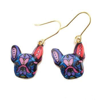 Abstract Colorful French Bulldog Puppy Shaped Dangle Drop Earrings | Animal Jewelry | DOTOLY