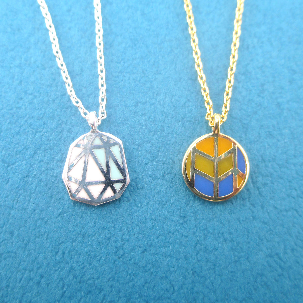 Abstract Diamond Geometric Shaped Enamel Pendant Necklace