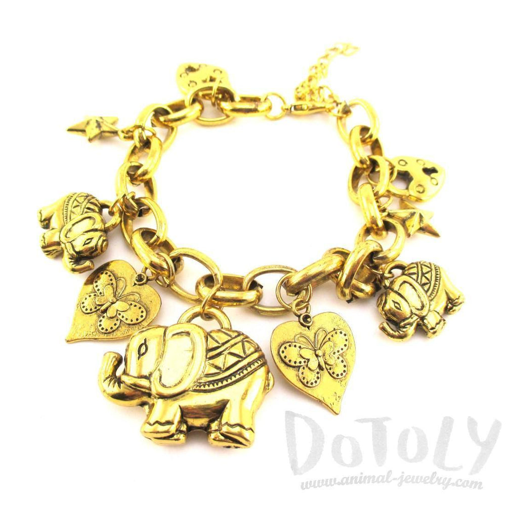 Abstract Elephant and Coins Shaped Charm Bracelet in Gold | Animal Jewelry | DOTOLY