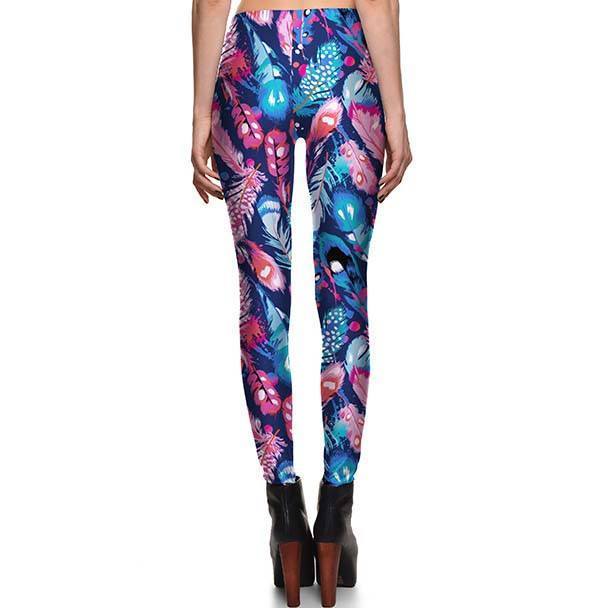 Abstract Feather Digital Print Legging Pants in Pink Blue and