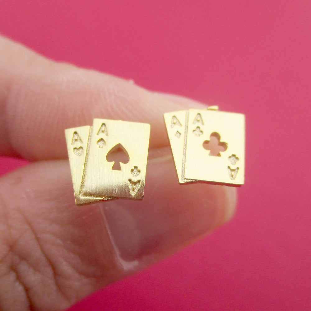 Ace of Spades and Clubs Poker Playing Cards Shaped Stud Earrings in Gold
