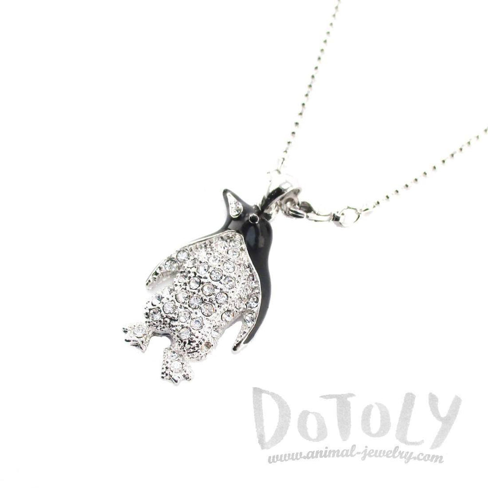Adélie Penguin Shaped Rhinestone Pendant Necklace in Silver | DOTOLY