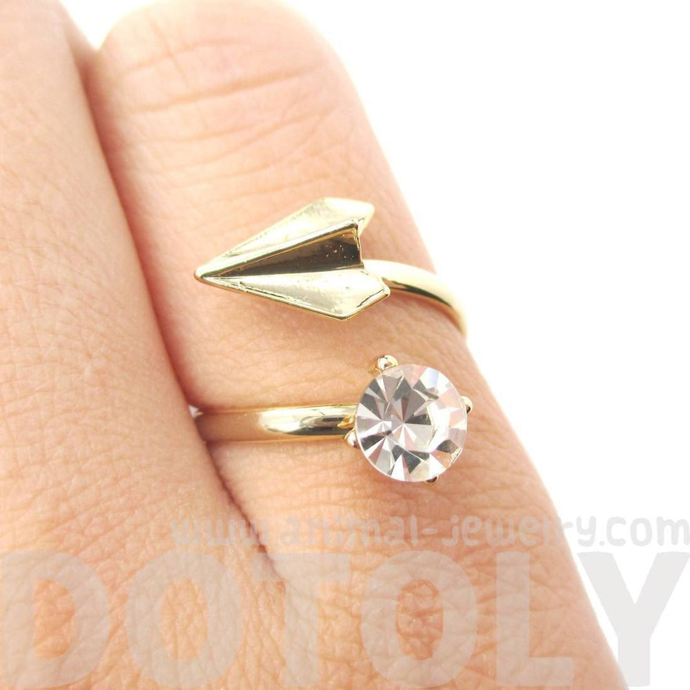 Adjustable Origami Paper Airplane Wrap Ring in Gold with Rhinestone Detail | DOTOLY