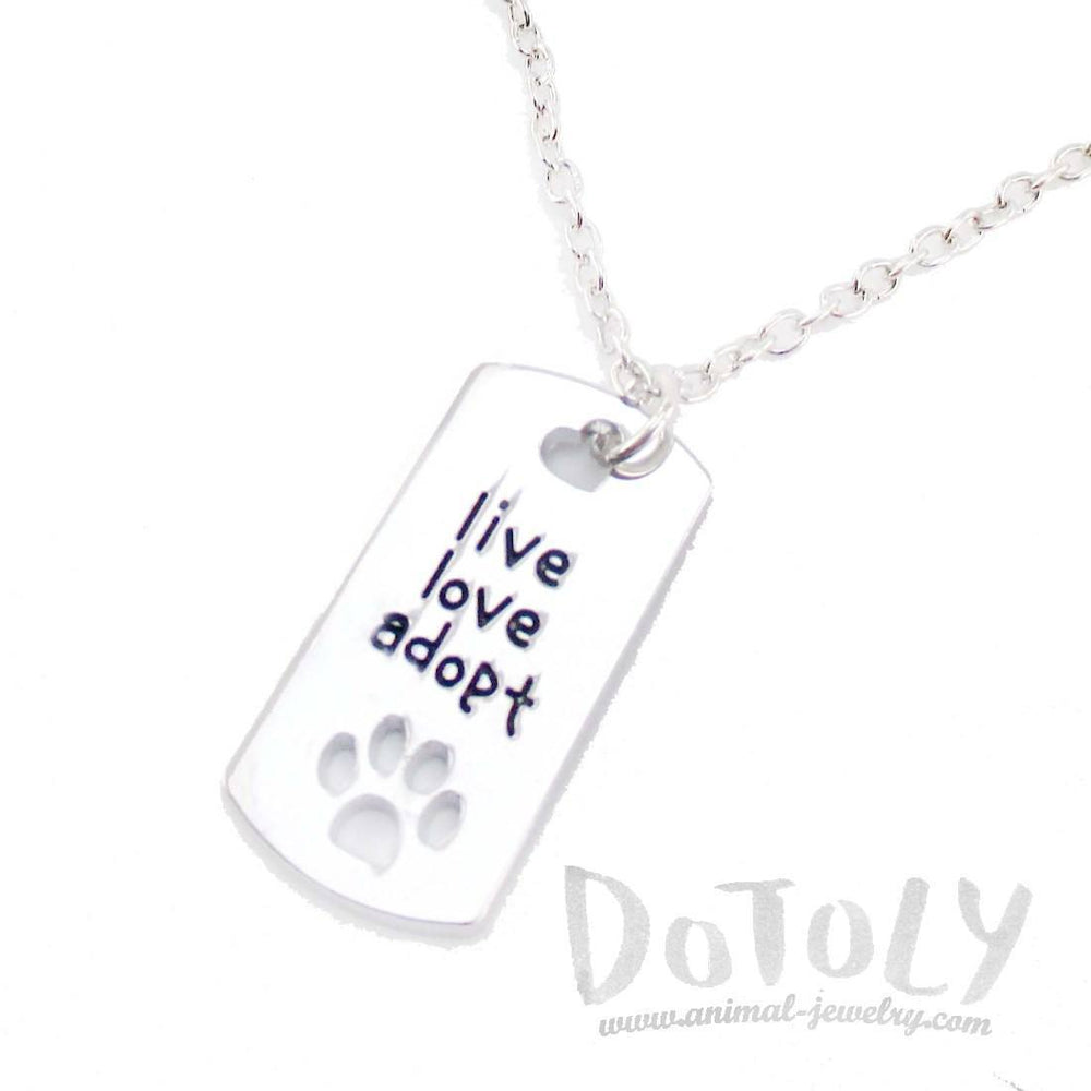 "Live Love Adopt" Dog Tag Shaped Paw Print Pendant Necklace | Gifts for Dog Lovers | DOTOLY