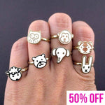 Adorable Animal Shaped 7 Piece Adjustable Ring Set in White | DOTOLY