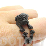 Adorable Black Pug Puppy Dog Shaped Animal Wrap Around Ring | Sizes 6 to 9 | DOTOLY