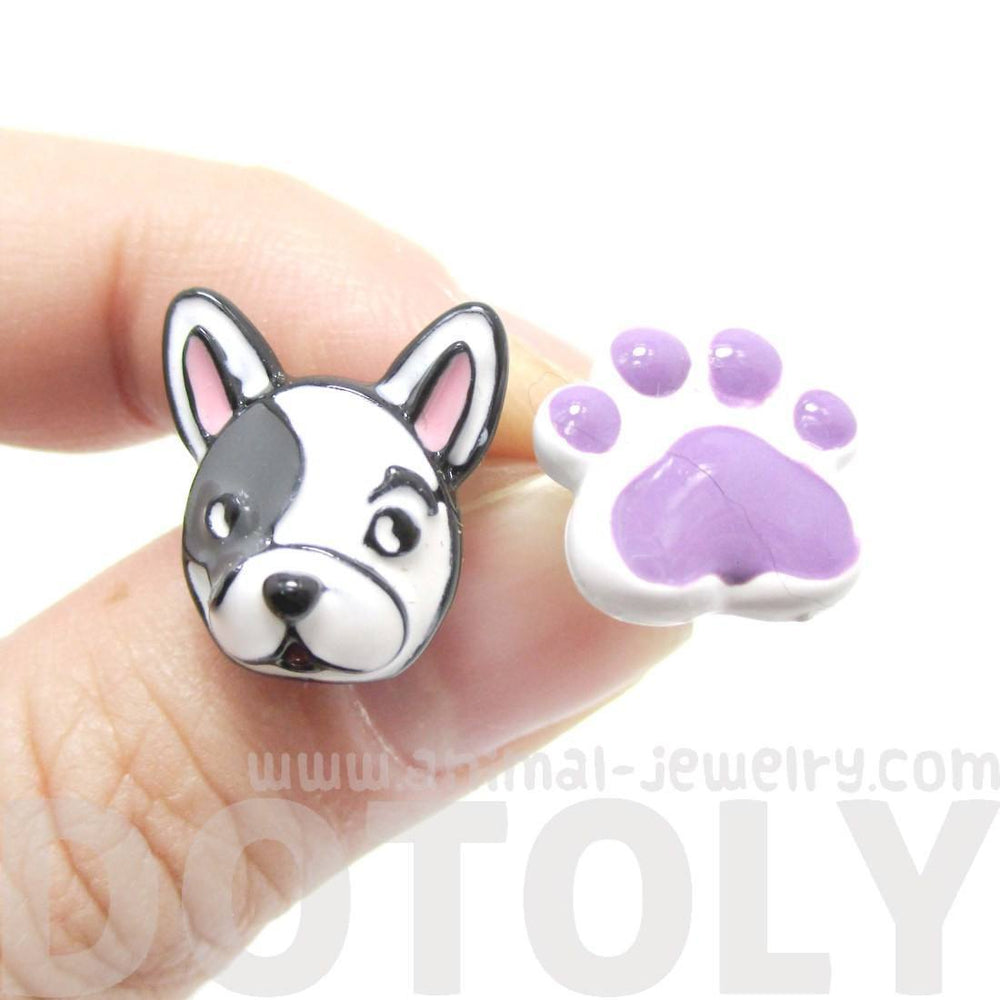 Adorable Boston Terrier Puppy Dog Face and Paw Shaped Stud Earrings in Purple | DOTOLY | DOTOLY