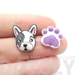 Adorable Boston Terrier Puppy Dog Face and Paw Shaped Stud Earrings in Purple | DOTOLY | DOTOLY
