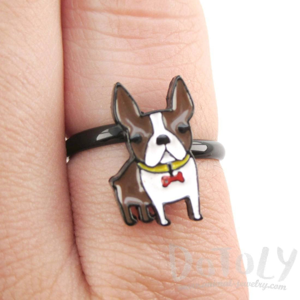 Adorable Boston Terrier Puppy Shaped Adjustable Ring in Brown and white | DOTOLY | DOTOLY