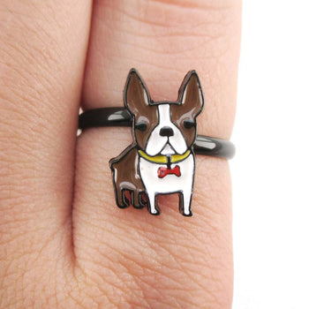 Adorable Boston Terrier Puppy Shaped Adjustable Ring in Brown and white | DOTOLY | DOTOLY