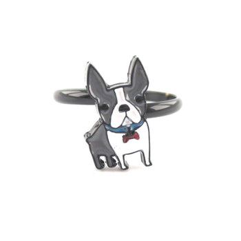 Adorable Boston Terrier Puppy Shaped Adjustable Ring in Grey and white | DOTOLY | DOTOLY